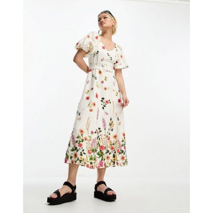 & Other Stories 앤아더스토리즈 플로럴 벨트 퍼프 리넨 미디 드레스 132566