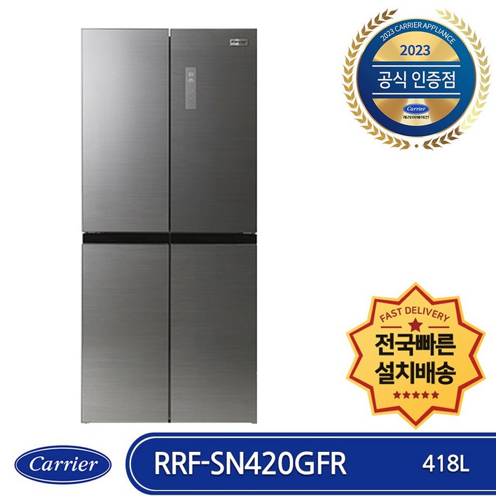 캐리어 클라윈드 RRFSN420GFR 4도어 상냉장 하냉동 418L 인버터 냉장고 살균청정 저소음 전국배송 빠른설치, RRFSN420GFR
