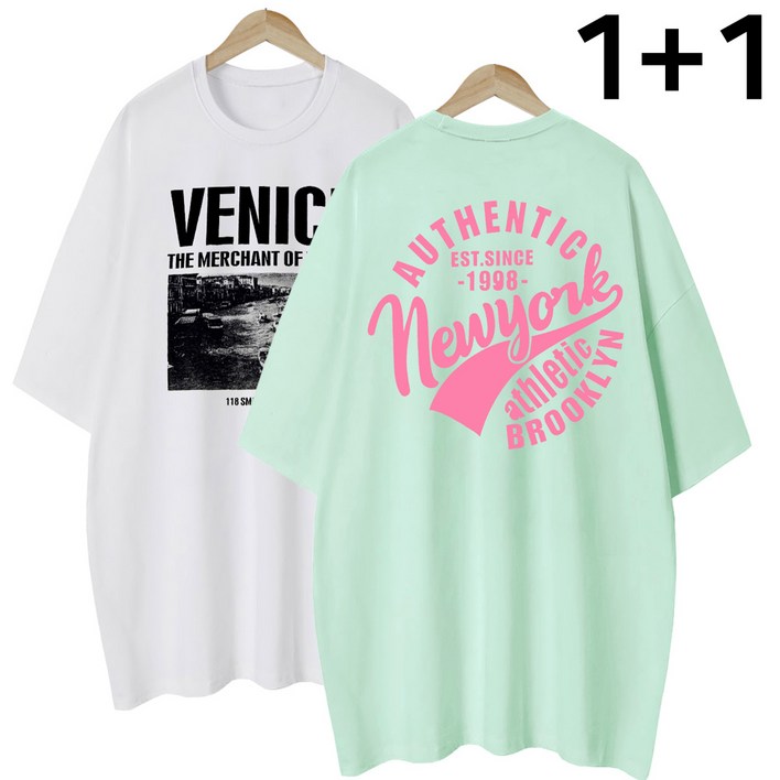 엠제이스타 여성 베니 스+뉴욕 여름 반팔 루즈핏 롱 레터링 티셔츠 2장 - 투데이밈
