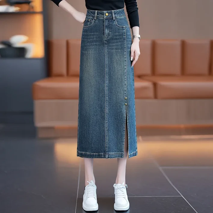 COSYEVNO  여성 하이웨이스트 데님 롱스커트 사이드 트임 봄가을 캐주얼 LFHnzq18