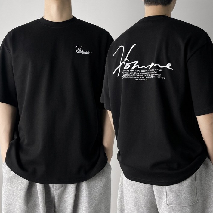 오프앤 국산 남녀공용 특양면 오버핏 옴므 레터링 빅사이즈 박스 반팔 티셔츠