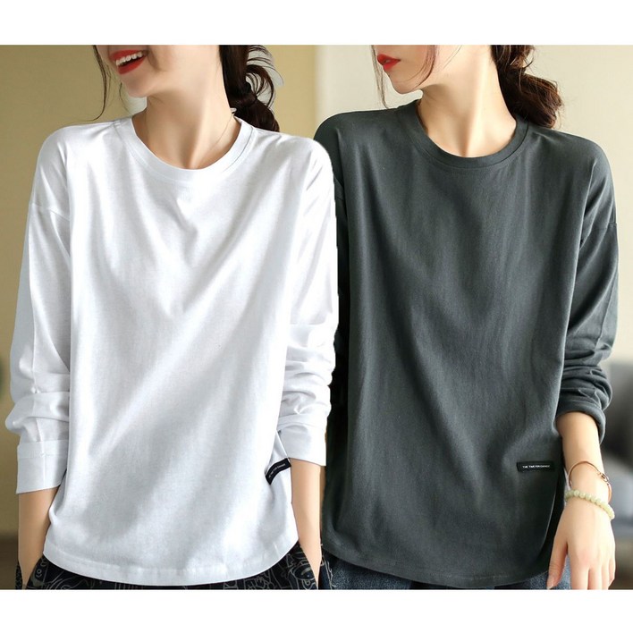 1+1 여성 긴팔 티셔츠 캐주얼 봄 가을 레깅스 상의 루즈핏 긴팔 이너티 기질 순면 라운드 티셔츠 CY