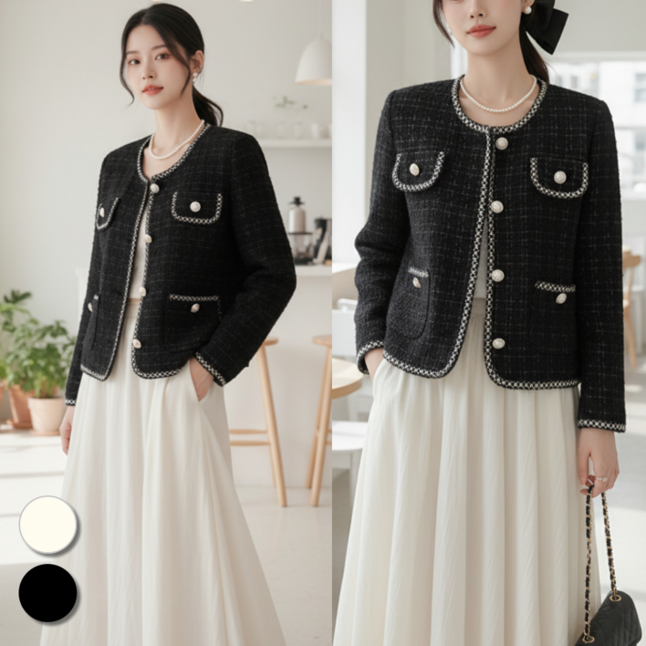 핏몬 여성 노카라 트위드 니트 자켓 가디건