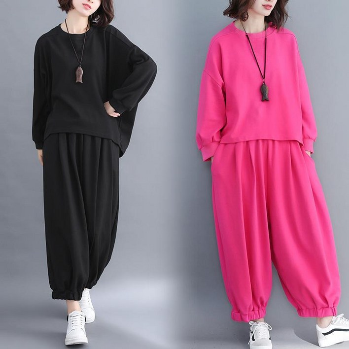 오버핏 빅사이즈 여성 상하세트 심플 무지 긴팔긴바지 투피스 봄가을 데일리 트레이닝복 순색 홈웨어 외출복