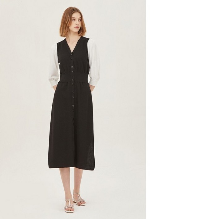 시슬리 SISLEY  슬리브 배색 롱 원피스 SAKOC1331 BK