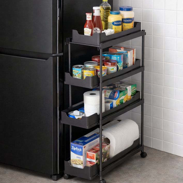 아르비엔트 4단 이동식 틈새 수납장 수납함 다용도 카트 슬림 슬라이딩, 4단, SlimM4검정