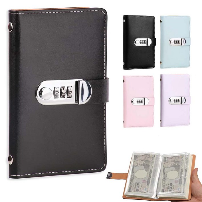 루베이 현금수납 다이어리 방수 가죽 재질 비밀번호 잠금 수납영 수증/사진/지폐, 블랙, 1개