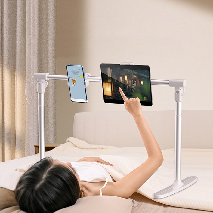 HUIJII 접이식 침대용 휴대폰 거치대 침대용 태블릿 거치대 높이 폭 조절 가능 듀얼 헤드 라이브 스탠드