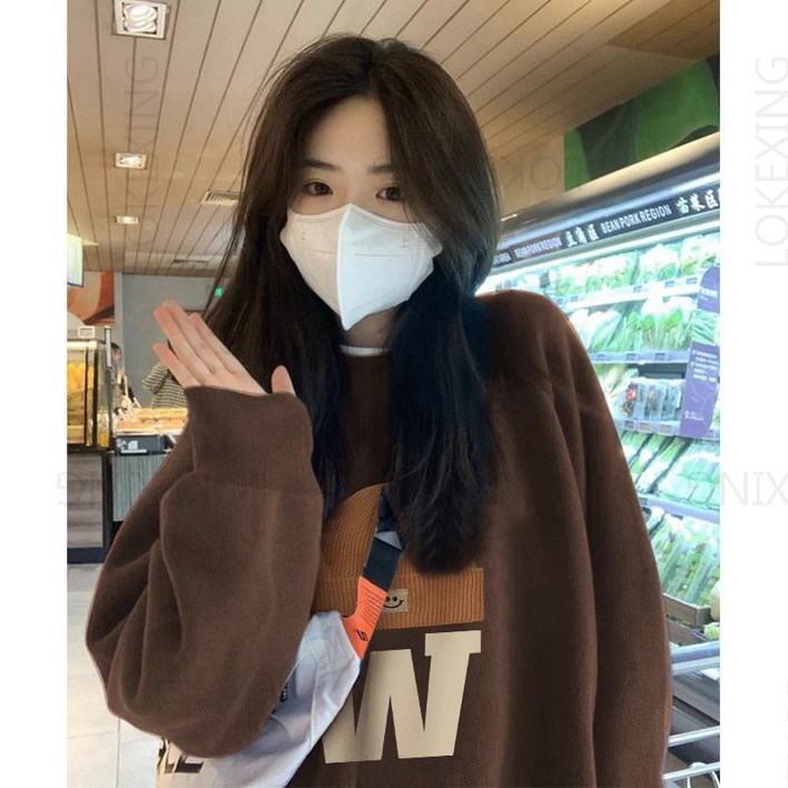 LOKEXING 여성 루즈핏 긴팔 라운드 맨투맨