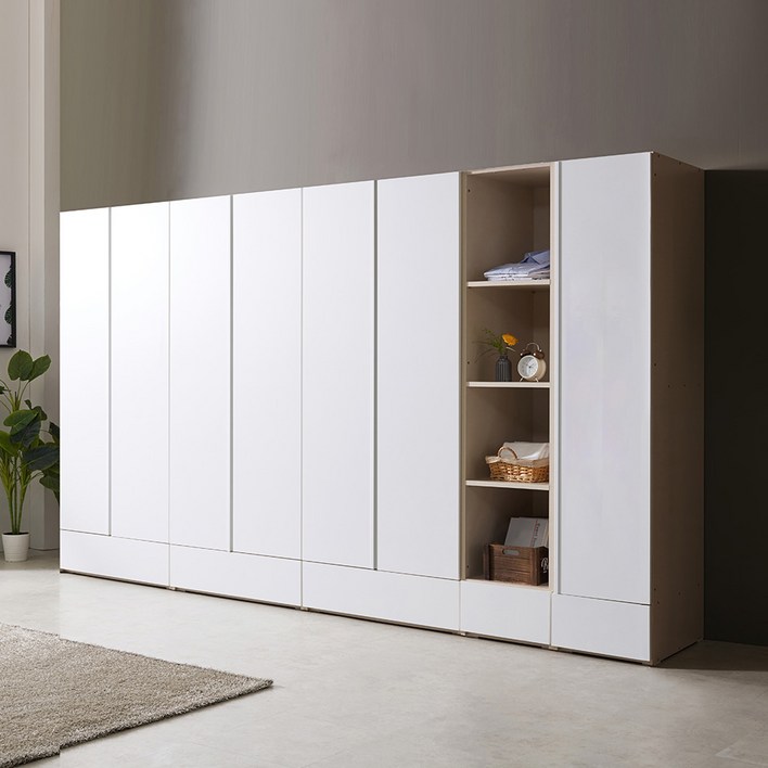 하이로 3670 오픈세트 수납옷장이불장2단옷봉장470오픈선반장470반문옷장 화이트 거울선택, 화이트