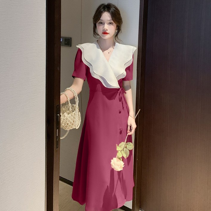 Ogfaour  여성 여름 복고 브이넥 터틀넥 프릴 롱 원피스 YZ0042