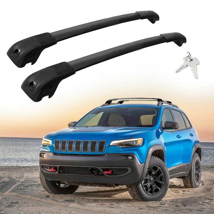 2014 2023 지프 체로키 상승 사이드 레일 전용 호환되는 잠금식 루프 크로스 200파운드 적재 용량의 알루미늄 카고 루프탑 화물 운반 캐리어 러기지 바이크용