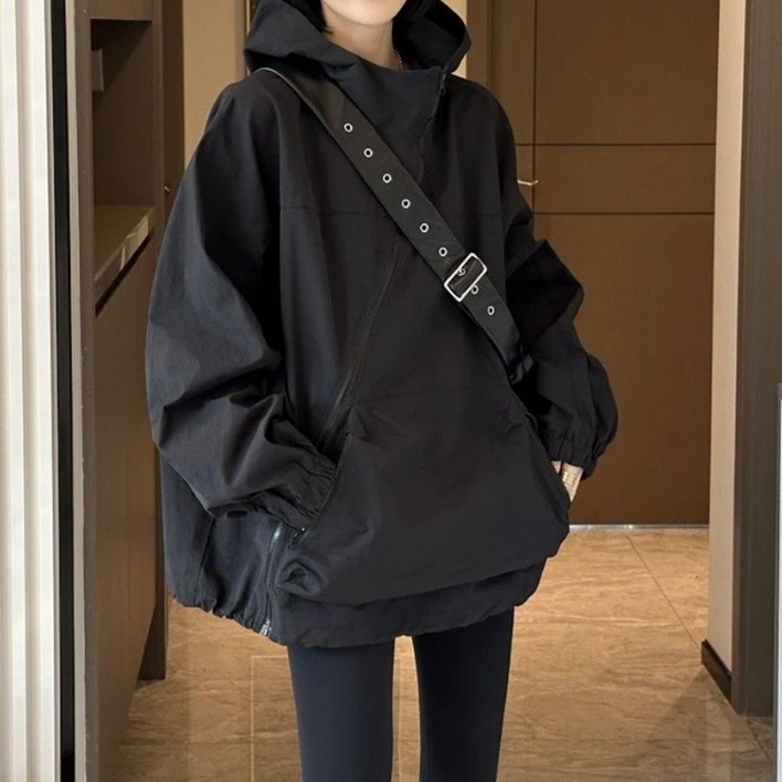 신상 코디 스타일리쉬 루즈핏 바람막이 여 사선 지퍼 마이너 후드 점퍼 여성코트 데님 자켓 봄 가을 긴팔 코디