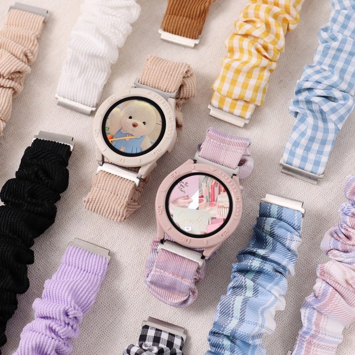 오르몽트 갤럭시워치 스크런치 스트랩 코듀로이 체크 곱창밴드 20mm 밴드 시계줄 줄질, 체크블루