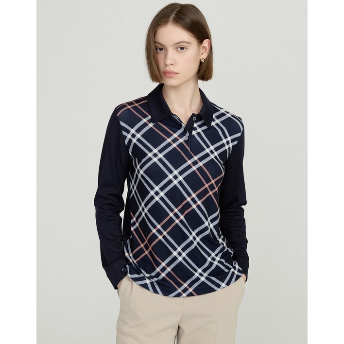 100%정품 닥스 여성 티셔츠 네이비 체크 배색 긴팔 카라 럭셔리 간절기 데일리