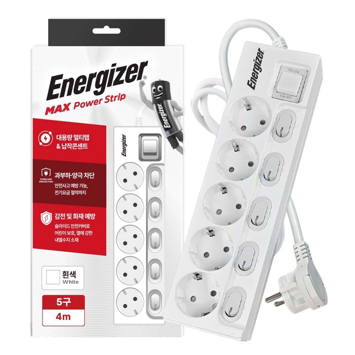 에너자이저 개별스위치 멀티탭 고용량 5구 납작플러그 과부하차단 16A, 화이트개별스위치 5구, 1개, 4m