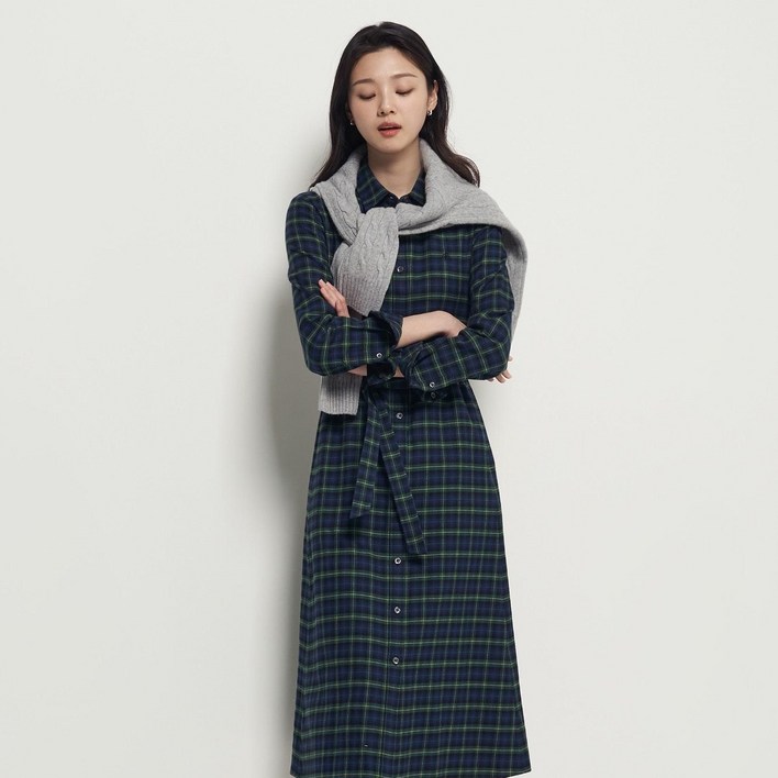 백화점 정품 25FW 빈폴 레이디스 타탄체크 셔츠 원피스  그린 BF5X71C03M