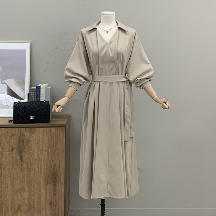 행복여 에린 허리 핀턱 스트랩 루즈핏 셔츠 카라 원피스