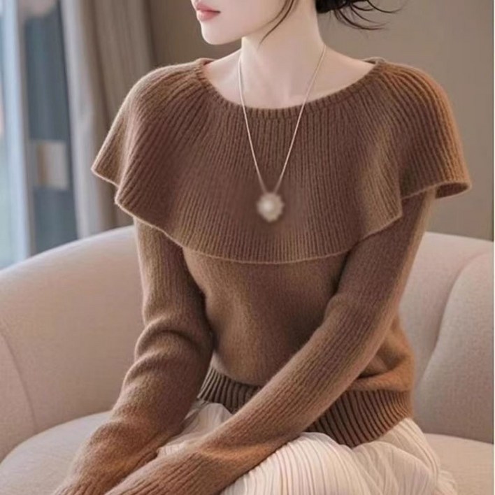 JIEVE 여자 가을 겨울 고급 프릴 슬림 스웨터 긴팔니트티 SY062373