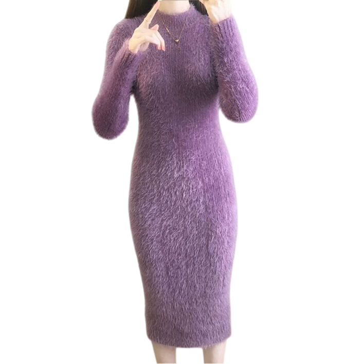 VVRR 여성 플리스 소재 핏팅 원피스 가을겨울 롱슬리브 슬림 효과 니트 드레스 C0103022