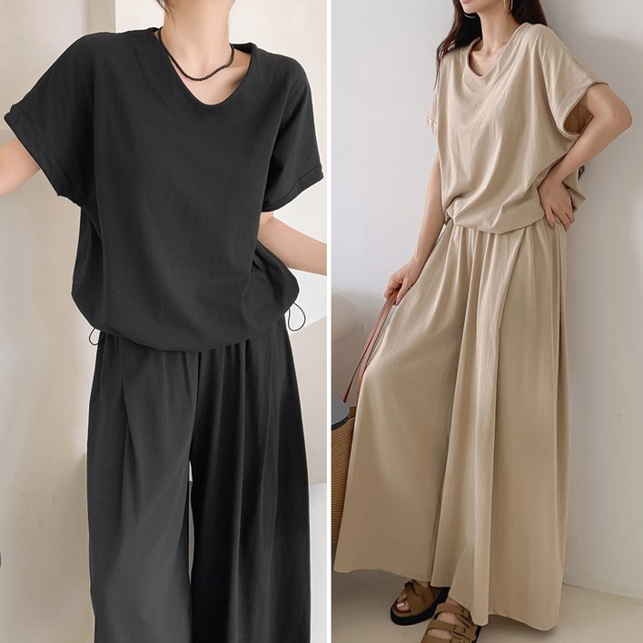 러브포텐 여성 빅사이즈 여름 브이넥 트레이닝복세트 오버핏 무지 브이넥 카브라 스트링 반팔티 와이드 롱치마바지 투피스세트