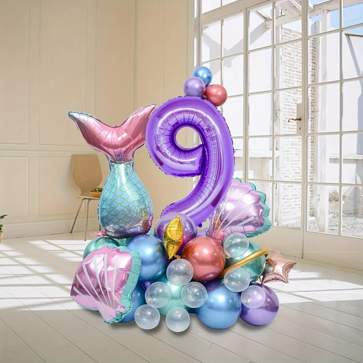 33개/세트 인어공주 풍선 알루미늄 필름 보라색 숫자 0-9 생일 파티 가족 크리스마스 장식 쉘