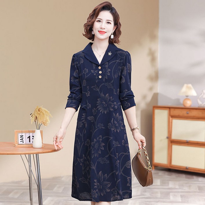 중년 여성 긴팔 원피스 슬림핏 엄마 고급스러운 원피스 기질 하객룩 플라워 원피스 CY