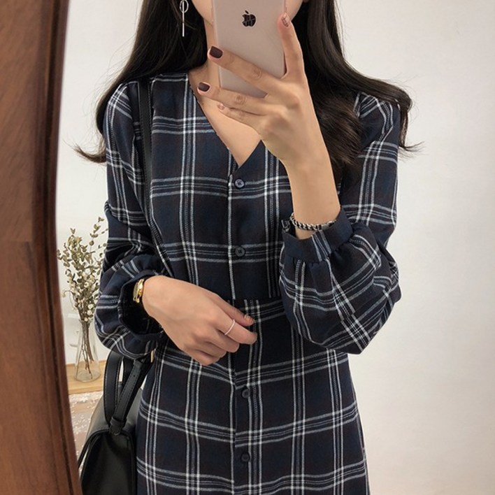 여성 데일리 체크 패턴 가을 단추 원피스 OPC006N