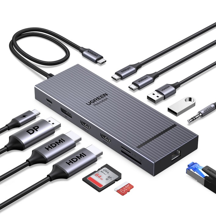 UGREEN 유그린 Revodok 12 in 1 USB 허브 트리플 4K C타입허브 2HDMI DP USB3.2  USB허브10Gbps SDTF RJ45 PD100W USB멀티탭