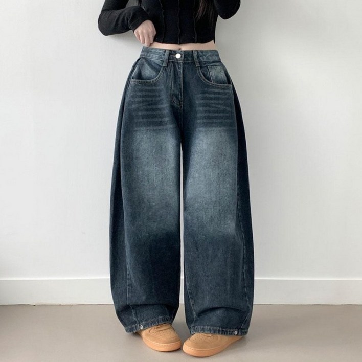부기샵 벌룬 와이드 데님팬츠 라뚜 사이드핀턱 캣브러쉬 워싱 스냅버튼 조거 와이드 벌룬핏 군살커버 데님팬츠