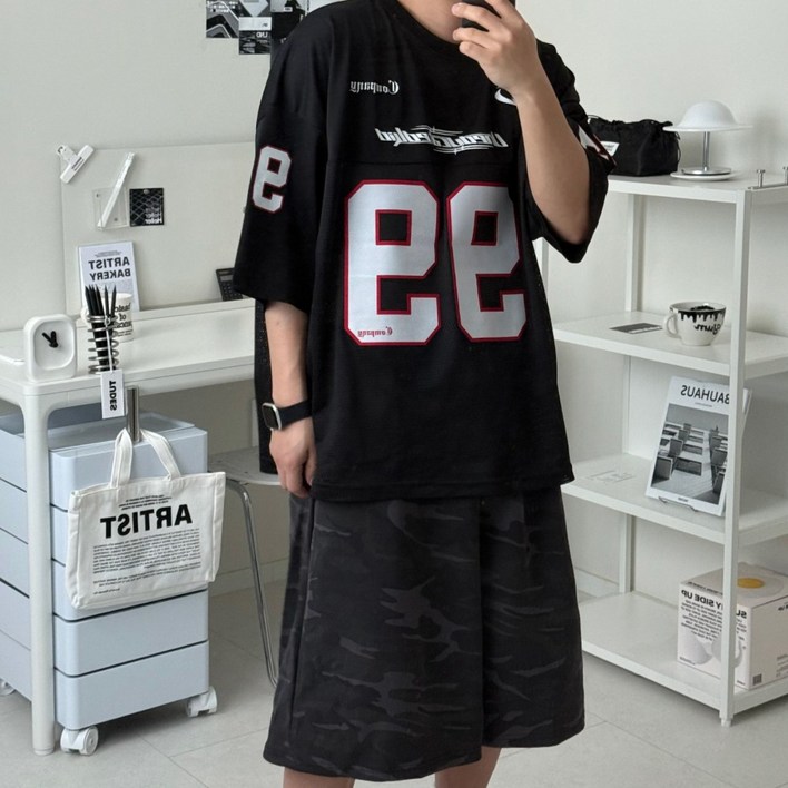 르위 블록코어 유니폼 져지 오버핏 브이넥 반팔 티셔츠 매쉬 럭비 풋볼 사커 스포티 반티 빅사이즈