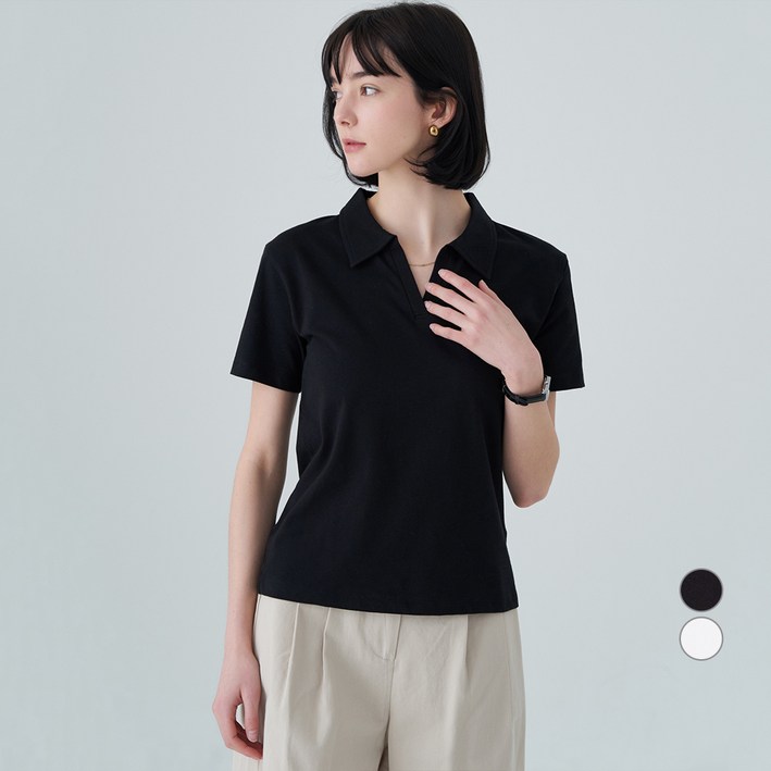 ELLE PARIS 여성용 브이넥 카라 반팔 티셔츠