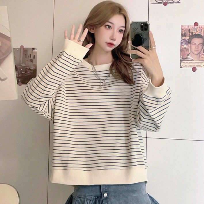 엘쏘 여성용 오버핏 스트라이프 긴팔 스웨트 셔츠