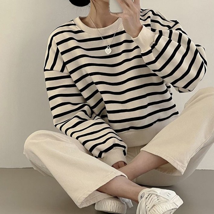 아이엠몽 여성용 브파 스트라이프 크롭기장 맨투맨 아이엠몽 여성용 브파 스트라이프 크롭기장 맨투맨