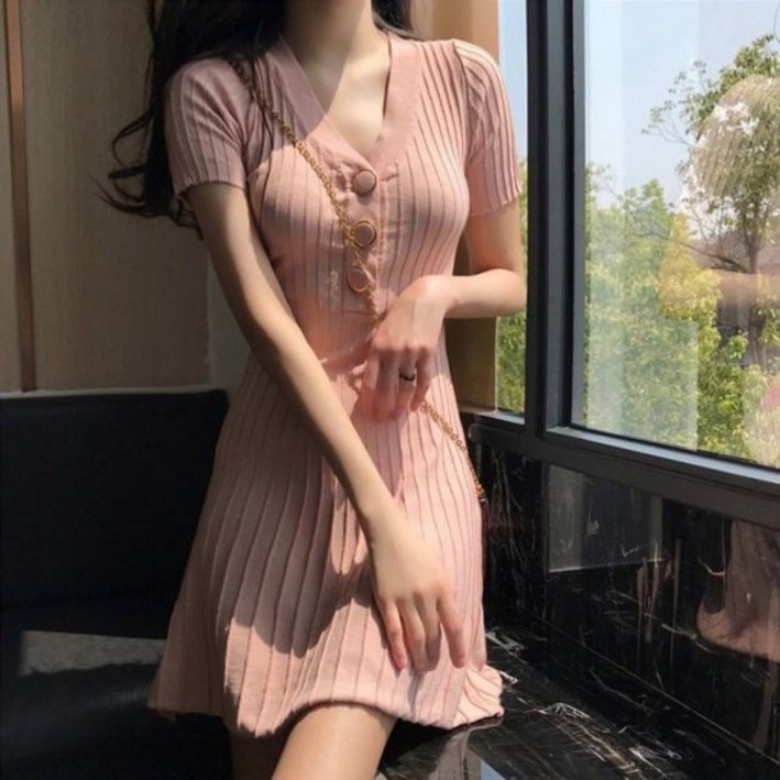 순이들 여성 가슴 버튼 골지 반팔 원피스