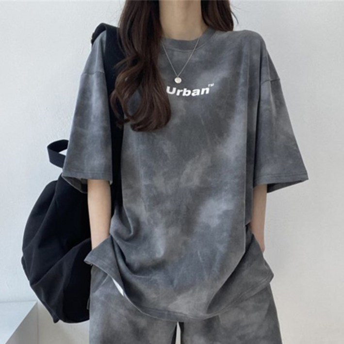 레터링 나염 타이다이 루즈핏 반팔티 + 반바지 세트