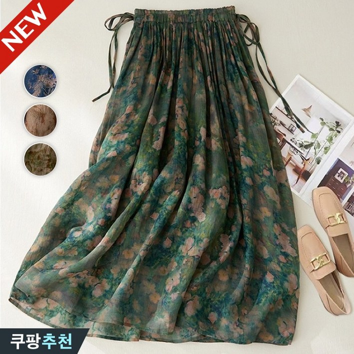고품질 80kg까지 여성 핏 예쁜 플라워 린넨 맥시 밴딩 스커트 여름 날씬해보이는 신상 빅사이즈 프린트 면마 하이웨이스트 큰옷 중년 엄마 우아한 단아한 브라운 a라인 롱 치마