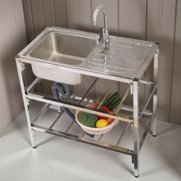 이동식 세면대 간이싱크대 업소용 싱크대 소형싱크대 개수대+냉온수 수전 세트 75*43*76CM (304 스테인리스), 1개