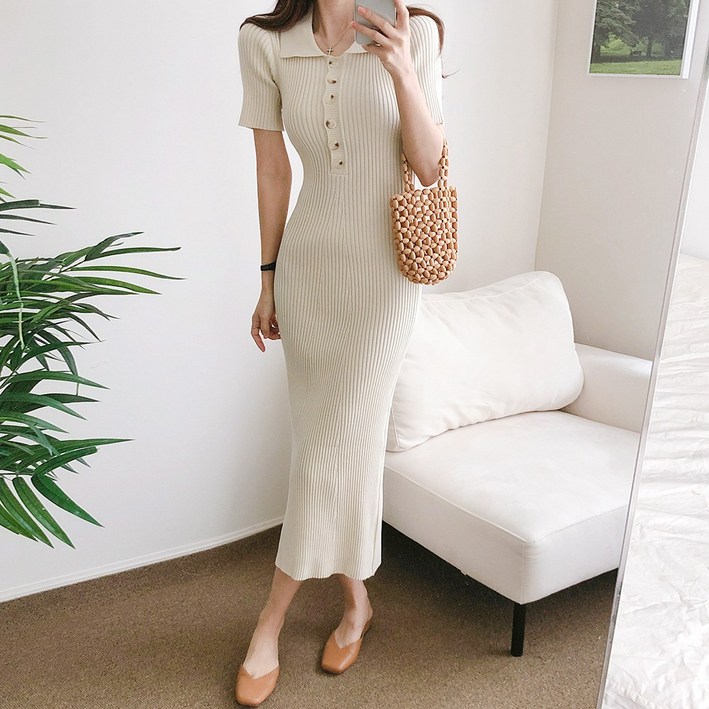 요시아나 [당일발송] 라피넴 슬림핏 카라넥 버튼 골지 니트 롱원피스 2컬러