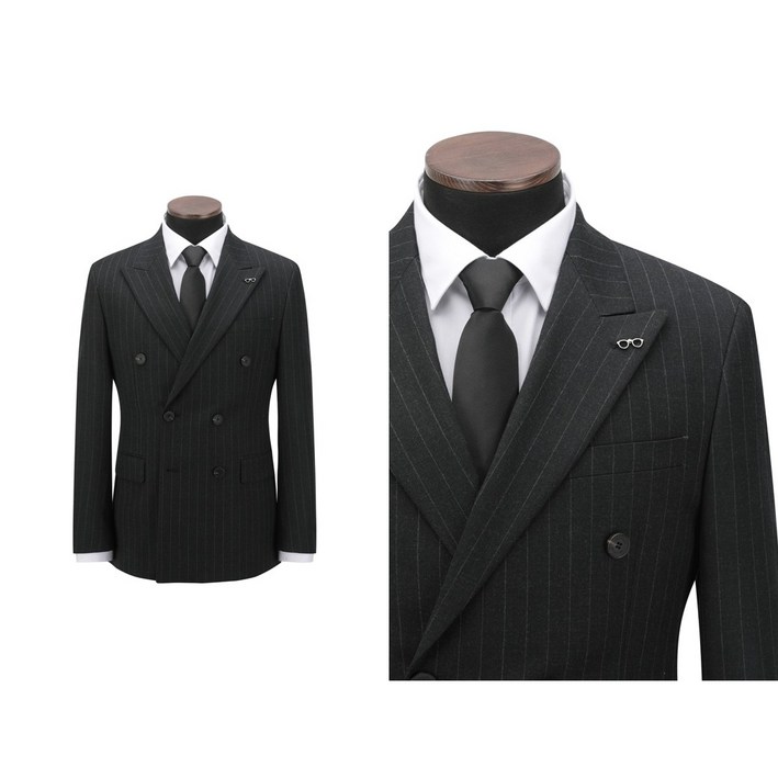 [코오롱패션 브렌우드] 남성 가을겨울 울혼방 스판 차콜 스트라이프 슬림핏 더블 정장세트 수트
