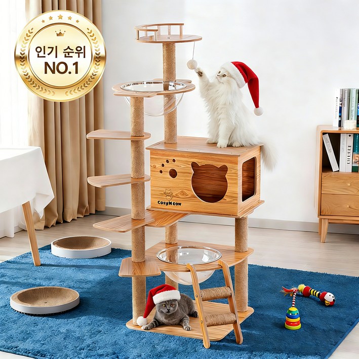 고양이 등반용 원목 우주선 디자인,바닥 설치형 두꺼운 합판 캣 하우스,대형 캣 타워 & 캣 스크래처 포스트,고양이 워크웨이,가정용 다층 캣 점프대,뛰어난 안정성,운동 부족 해결, 1개, 원목색