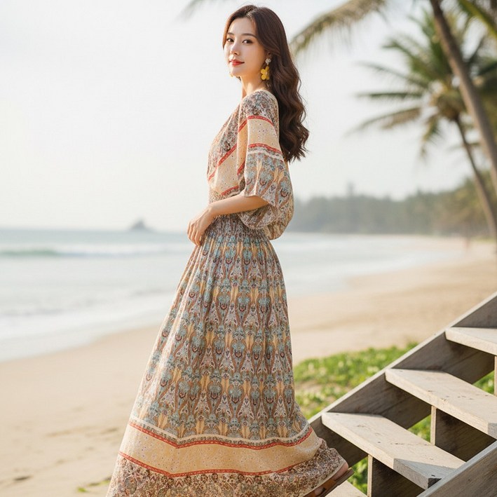 블랙루비스 롱원피스 보헤미안 페이즐리 패턴 V넥 반팔 허리밴딩 여름 리조트 바캉스 비치 원피스 SUNBICH008