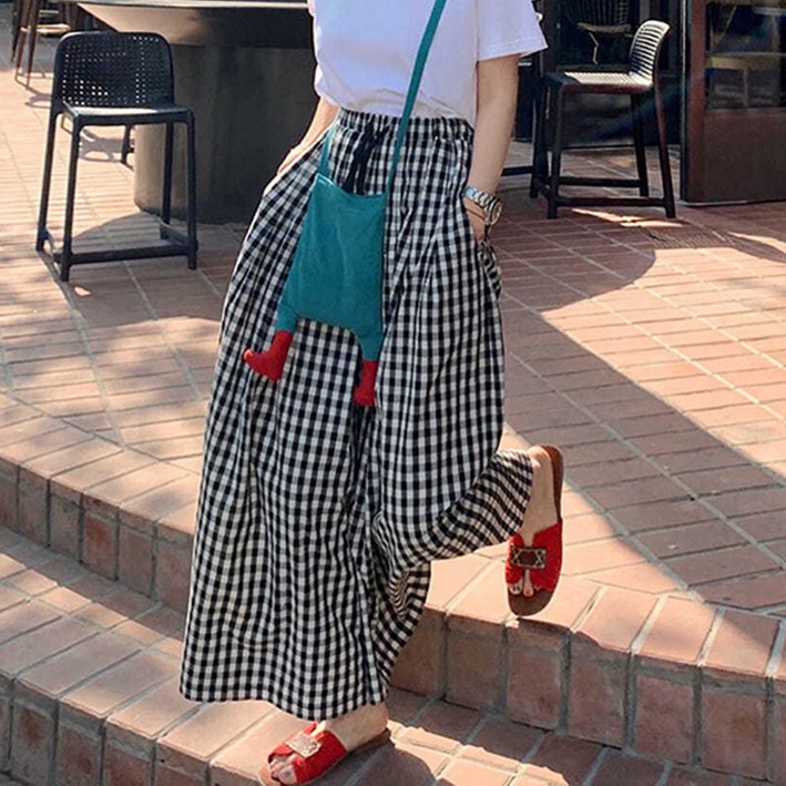 프리티글라라 여성용 여름 밴드 와이드 팬츠 체크 캐주얼 치마 바지 프리티글라라 여성용 여름 밴드 와이드 팬츠 체크 캐주얼 치마 바지
