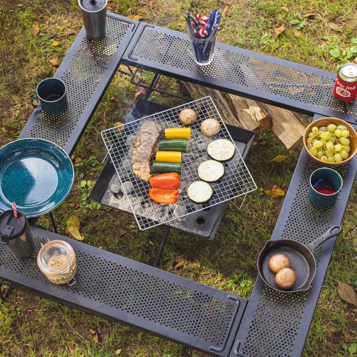 휴겔 캠핑 테이블 접이식 메쉬 화로대 테이블 선반 겸용, 블랙