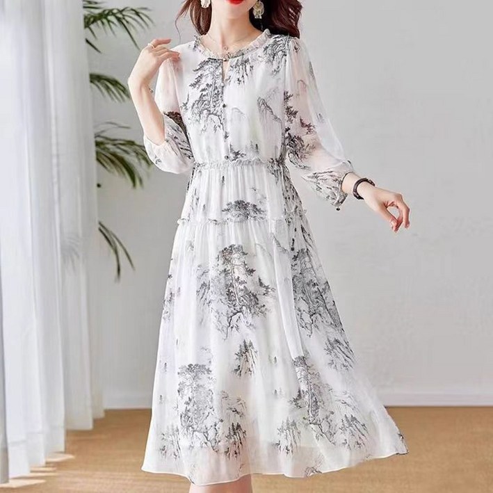 Asure 가을 여사 원피스 칠부 소매 루즈핏 미디엄 롱 원피스