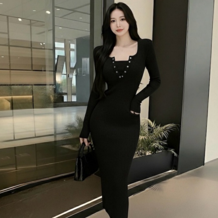 유니크코코 슬림 골지 니트 긴팔 롱 원피스 op5785