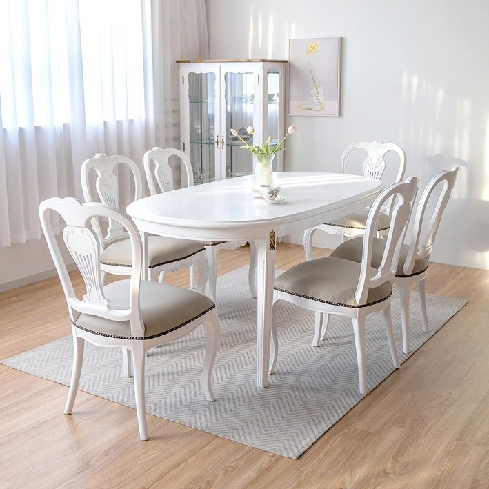 크램드 프렌치 엔틱 6인용 원목 식탁세트 봄베이의자