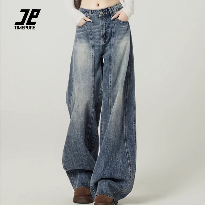 타임퓨어 여성 빈티지 와이드 데님 팬츠 하이웨이스트 커브핏
