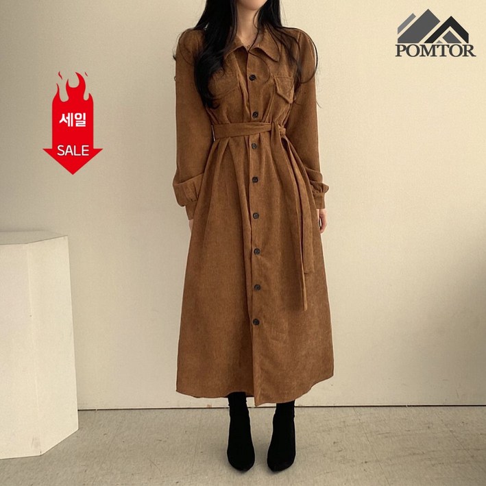 POMTOR 가을 겨울 여성 코듀로이 원피스 긴팔 카라 싱글 허리 조임 솔리드 프렌치 코르덴원피스