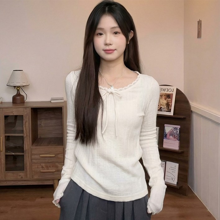 여성 봄 가을 프렌치 레이스 킨팔 티셔츠 이너 상의